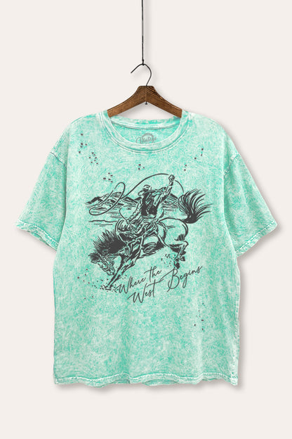 "where the west begins" mineral wash laser distress graphic tee