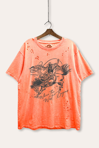 "where the west begins" mineral wash laser distress graphic tee