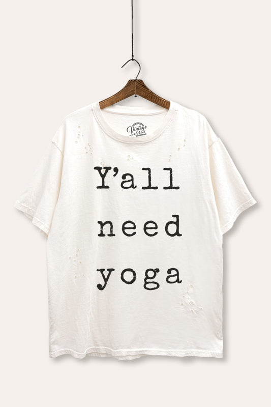 "y'all need yoga" graphic mineral wash laser distress tee