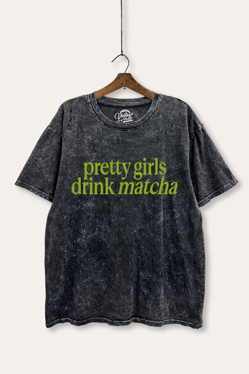 "pretty girls drink matcha" mineral wash distressed boxy graphic t-shirt