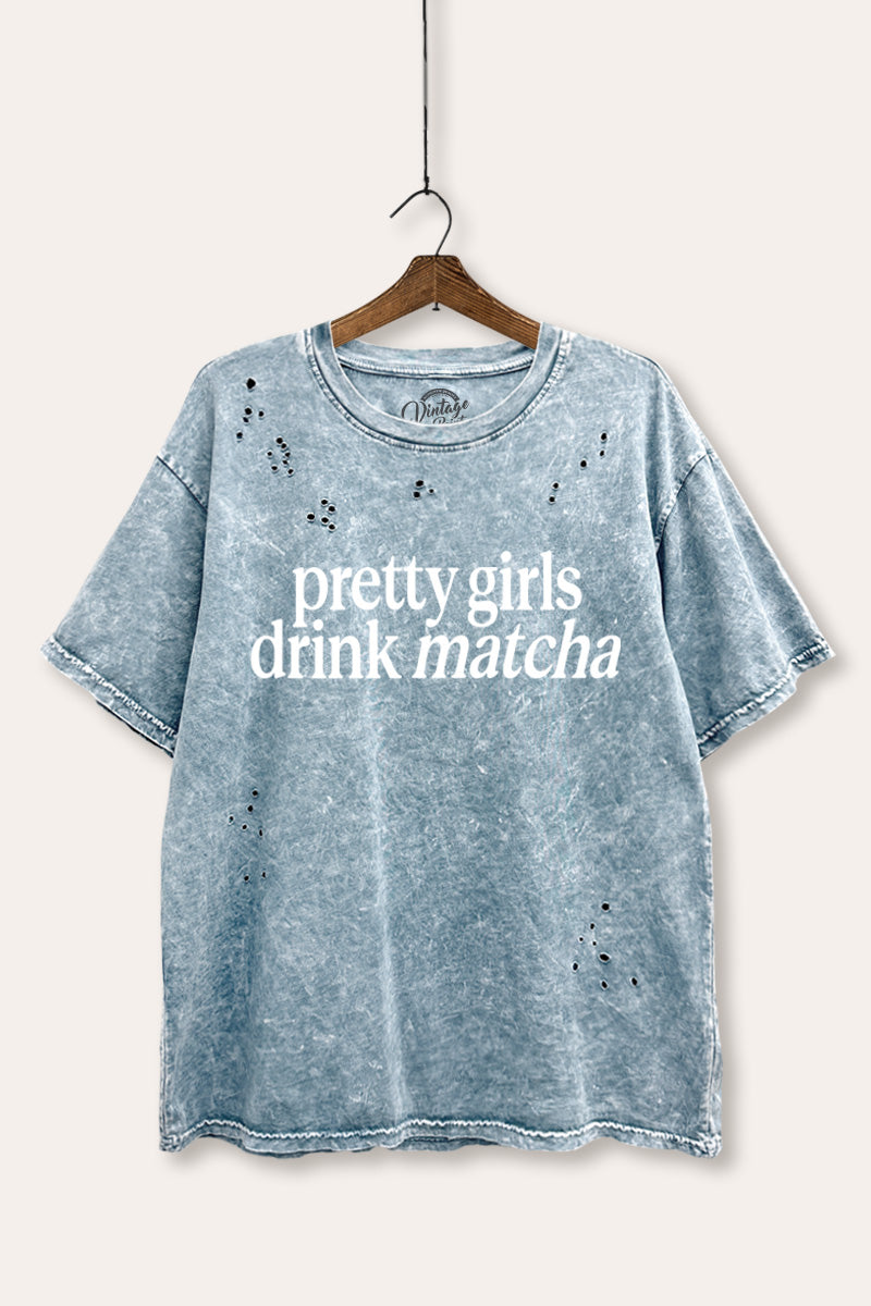 "pretty girls drink matcha" mineral wash distressed boxy graphic t-shirt