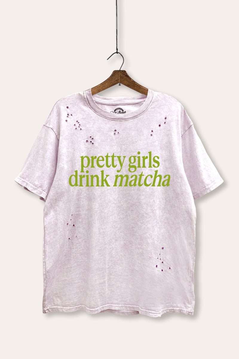 "pretty girls drink matcha" mineral wash distressed boxy graphic t-shirt