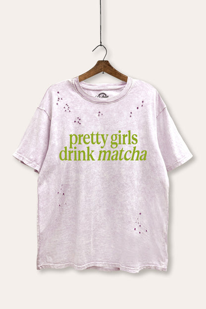 Pretty Girls Drink Matcha Graphic Mineral Wash Distress Tee