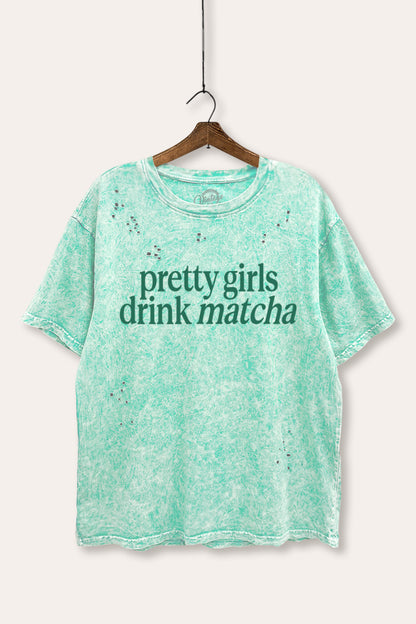 Pretty Girls Drink Matcha Graphic Mineral Wash Distress Tee