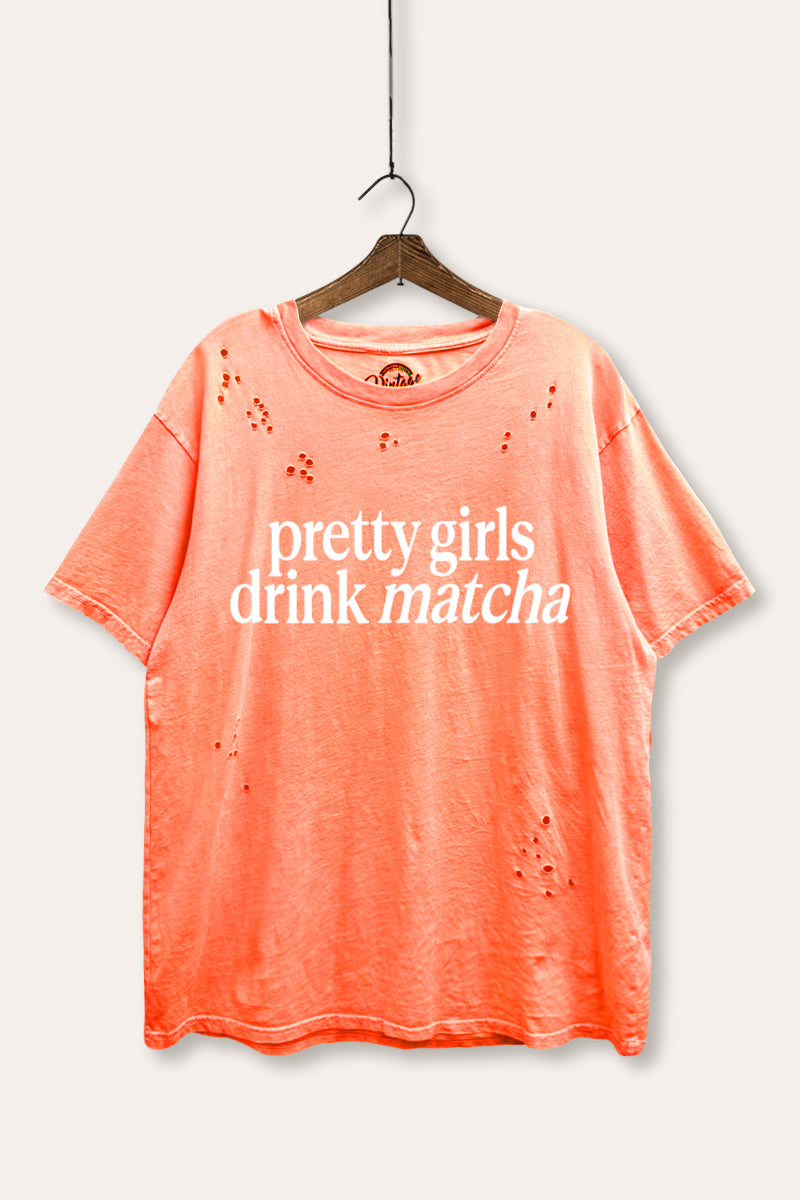 "pretty girls drink matcha" mineral wash distressed boxy graphic t-shirt