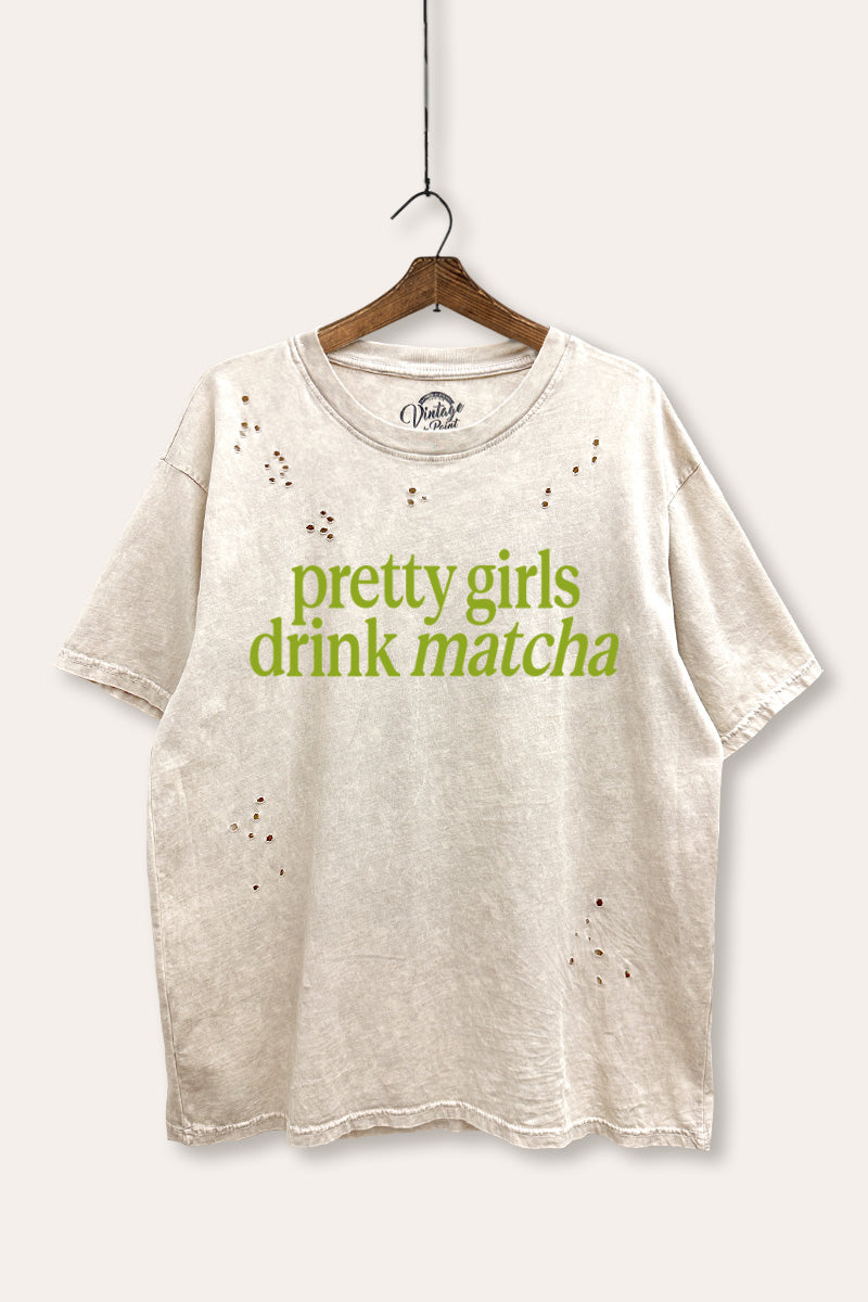 "pretty girls drink matcha" mineral wash distressed boxy graphic t-shirt