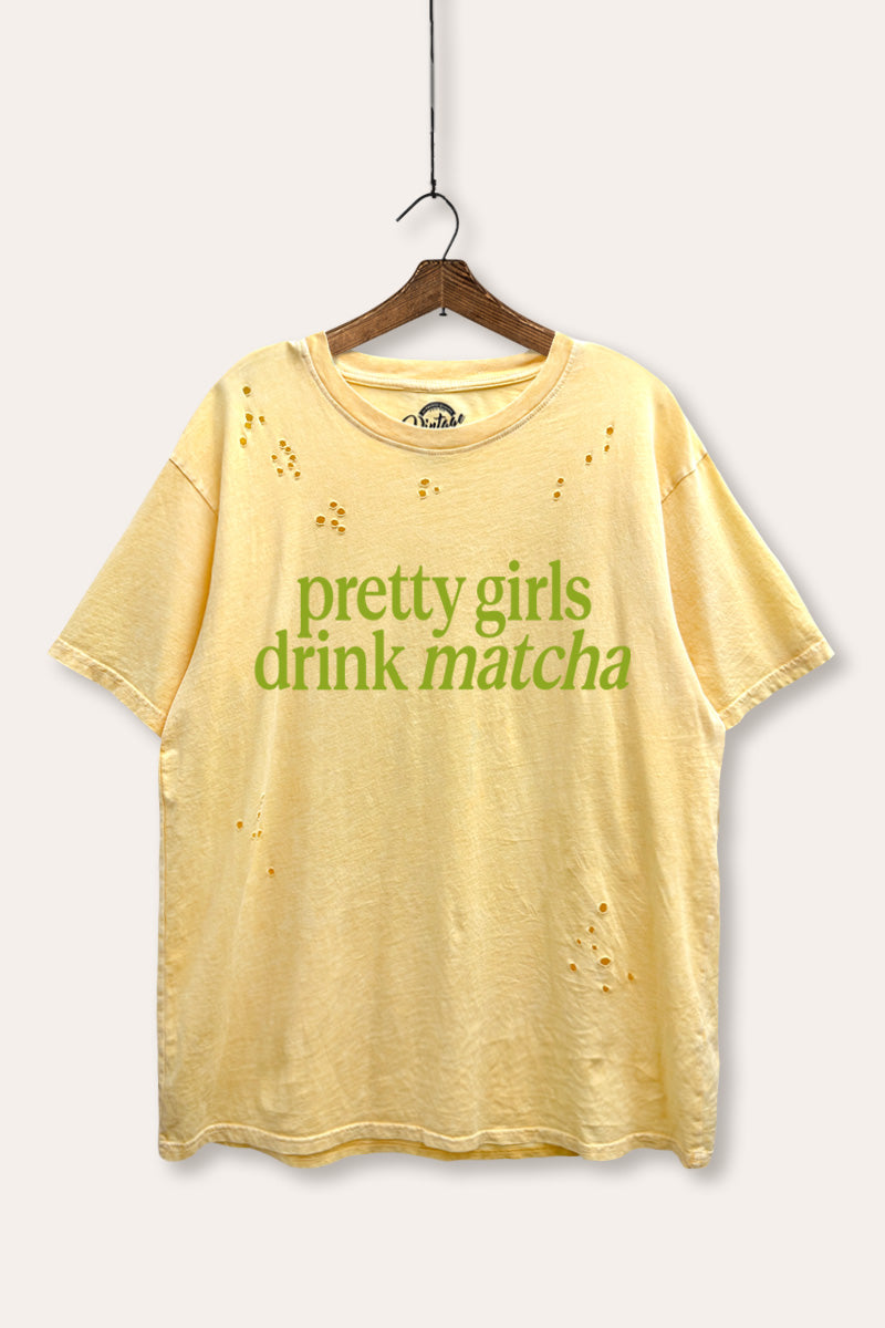 "pretty girls drink matcha" mineral wash distressed boxy graphic t-shirt