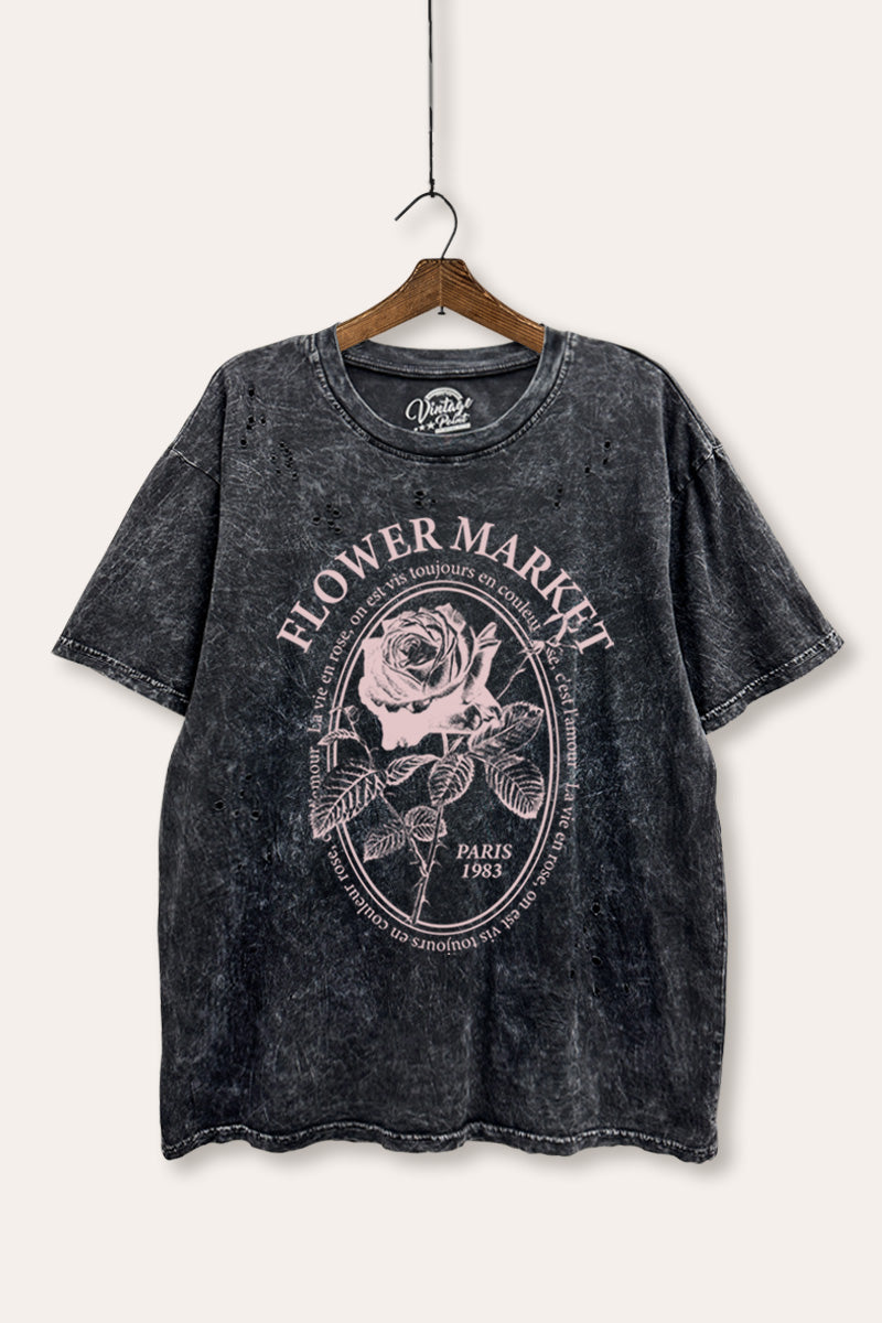 rose flower market graphic mineral wash laser distress tee
