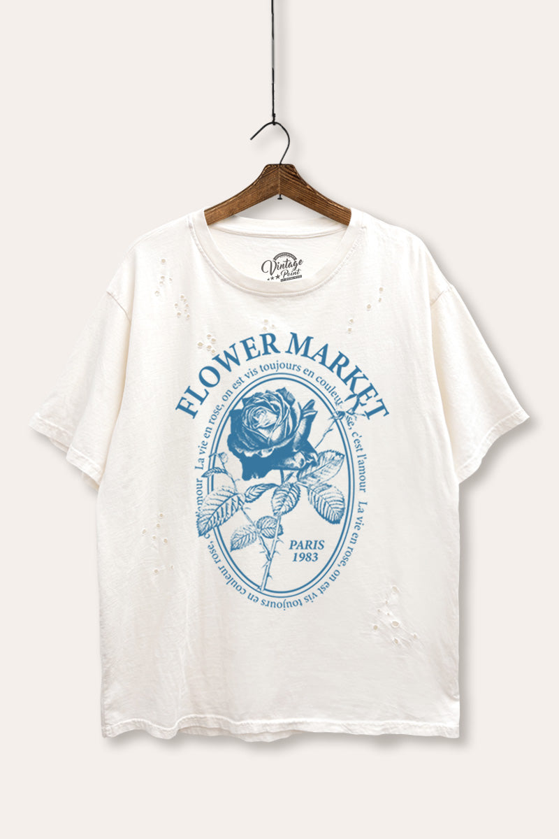 rose flower market graphic mineral wash laser distress tee