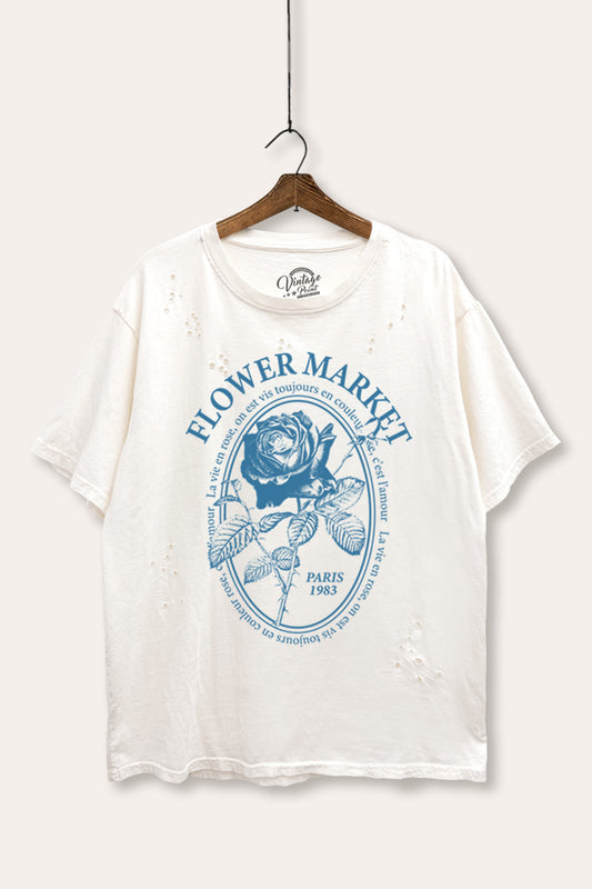 rose flower market graphic mineral wash laser distress tee