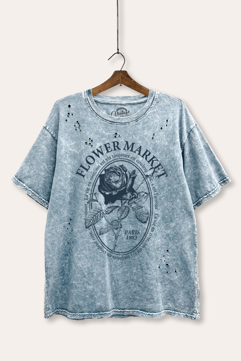 rose flower market graphic mineral wash laser distress tee