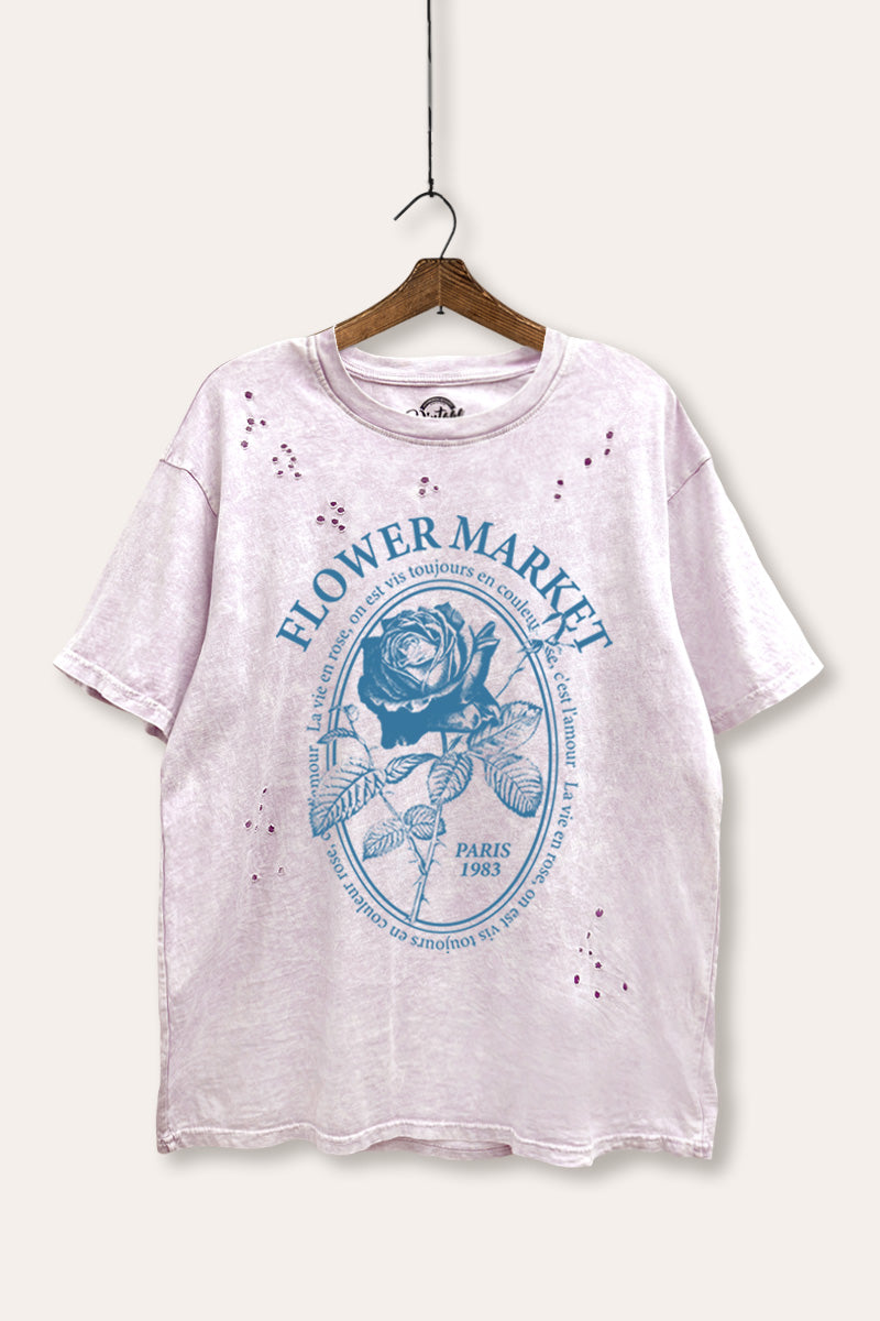 rose flower market graphic mineral wash laser distress tee