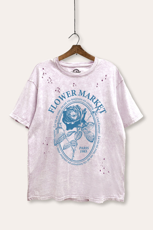 rose flower market graphic mineral wash laser distress tee
