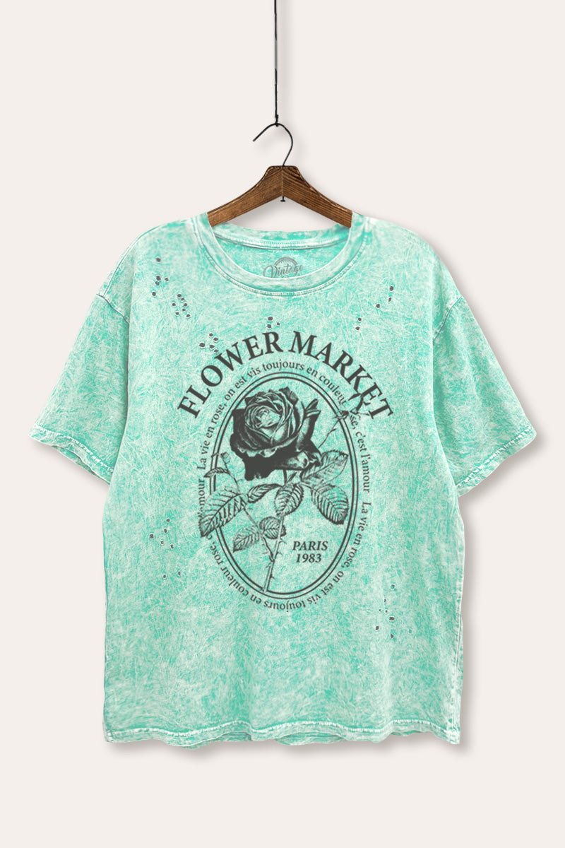 rose flower market graphic mineral wash laser distress tee