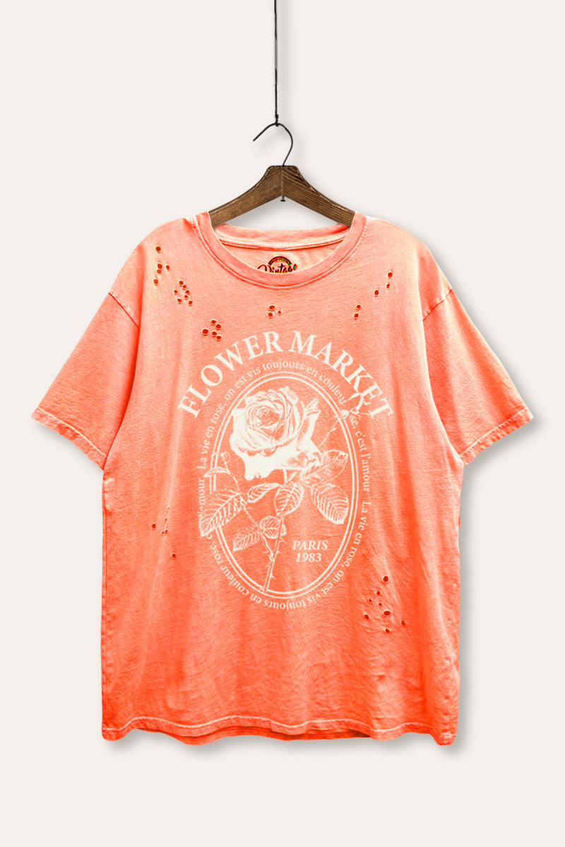 rose flower market graphic mineral wash laser distress tee
