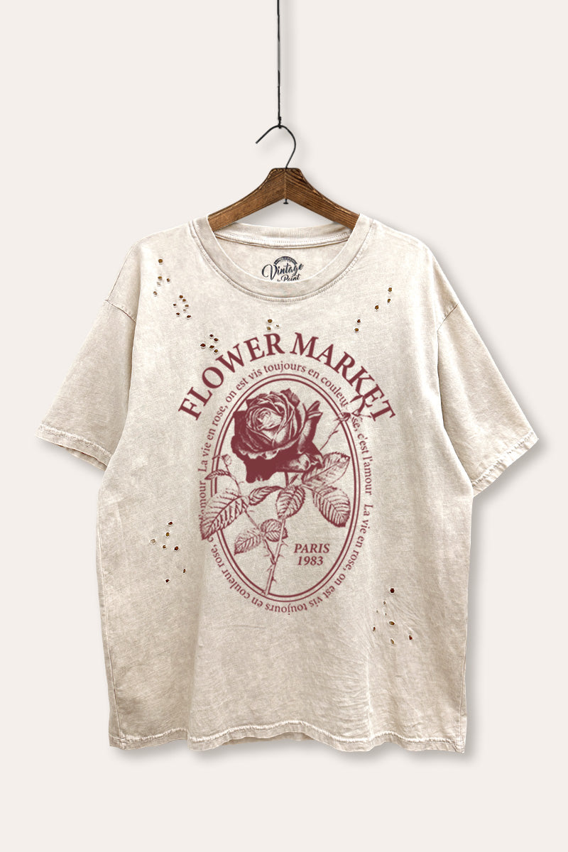 rose flower market graphic mineral wash laser distress tee