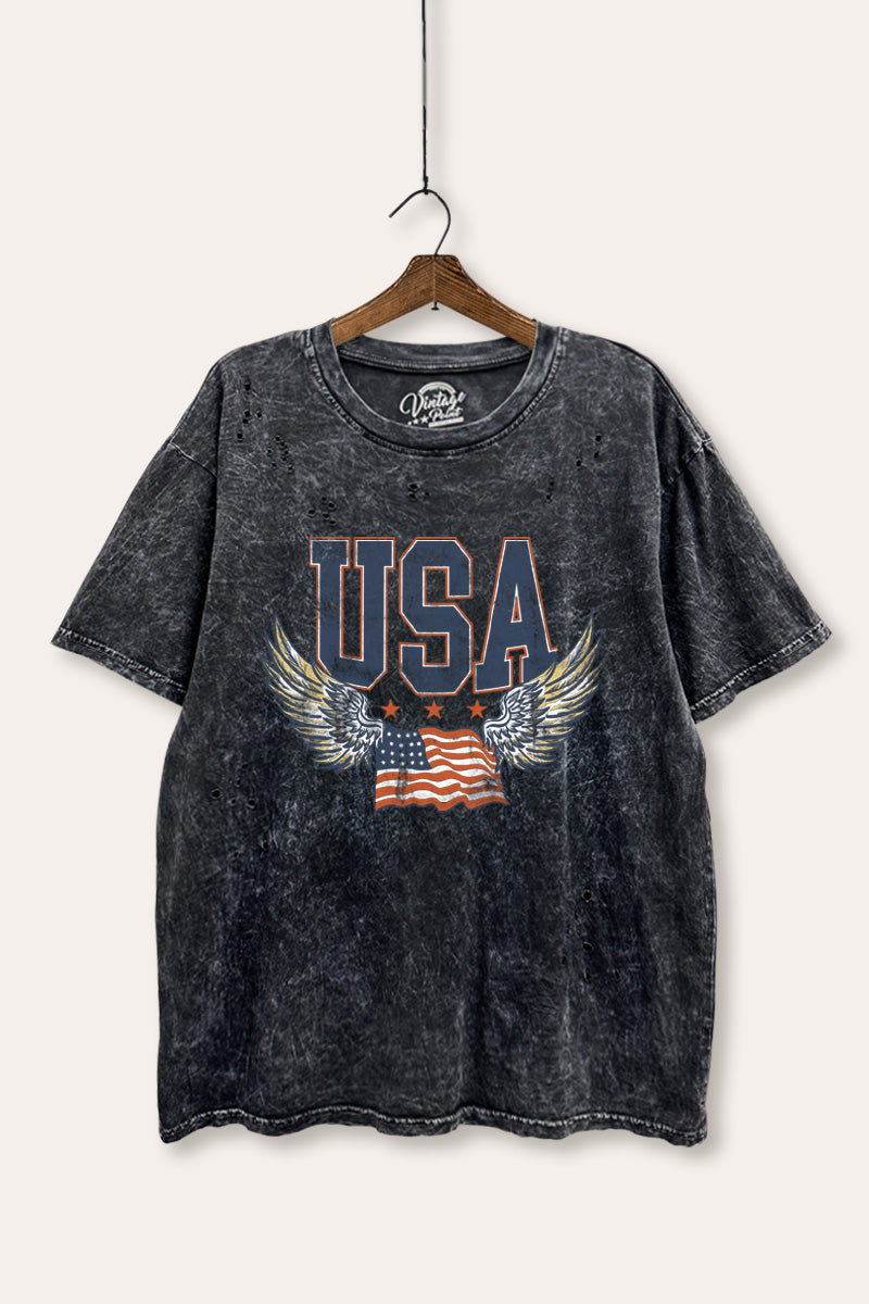 USA Flag Wings Of Freedom Graphic Mineral Wash Distress Tee