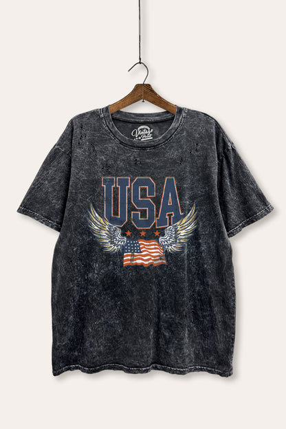 USA Flag Wings Of Freedom Graphic Mineral Wash Distress Tee