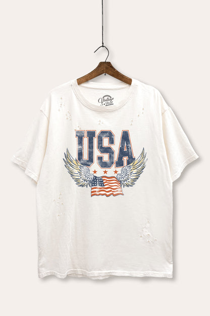 USA Flag Wings Of Freedom Graphic Mineral Wash Distress Tee