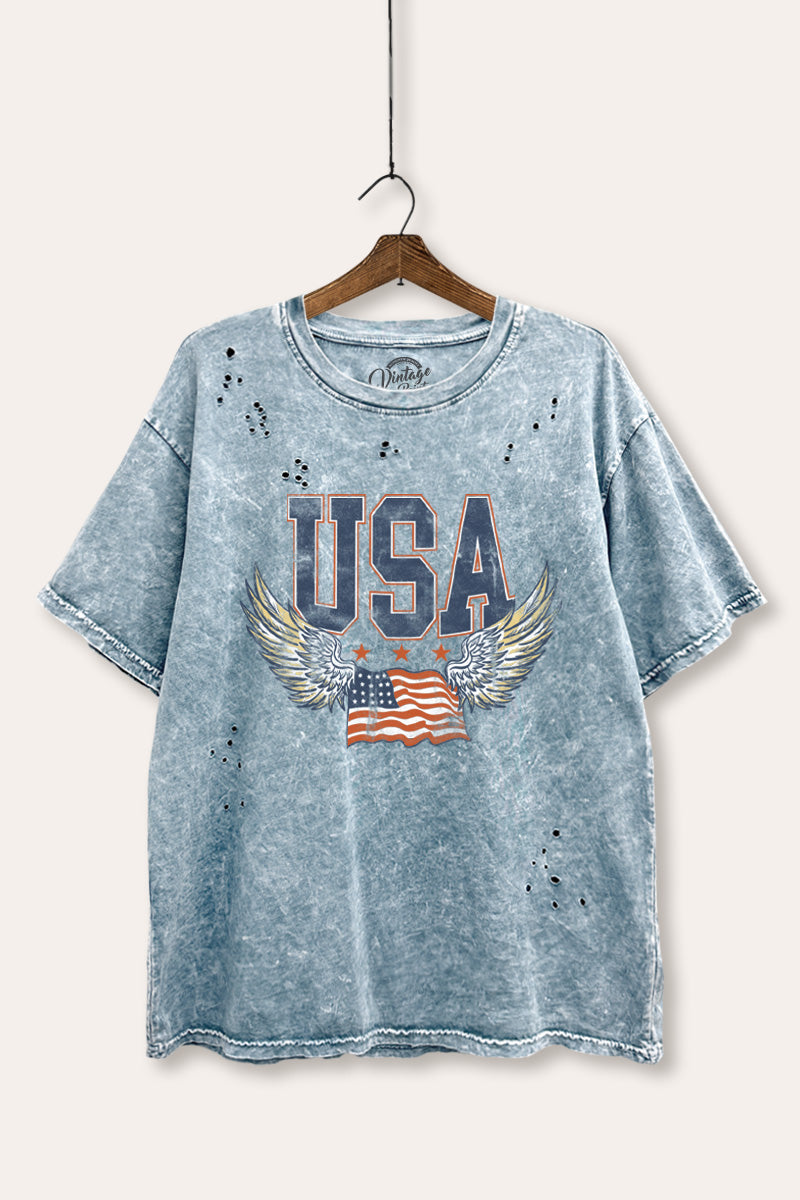 USA Flag Wings Of Freedom Graphic Mineral Wash Distress Tee