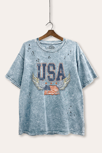 USA Flag Wings Of Freedom Graphic Mineral Wash Distress Tee