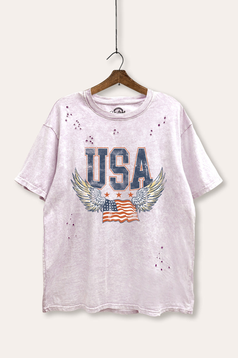 USA Flag Wings Of Freedom Graphic Mineral Wash Distress Tee