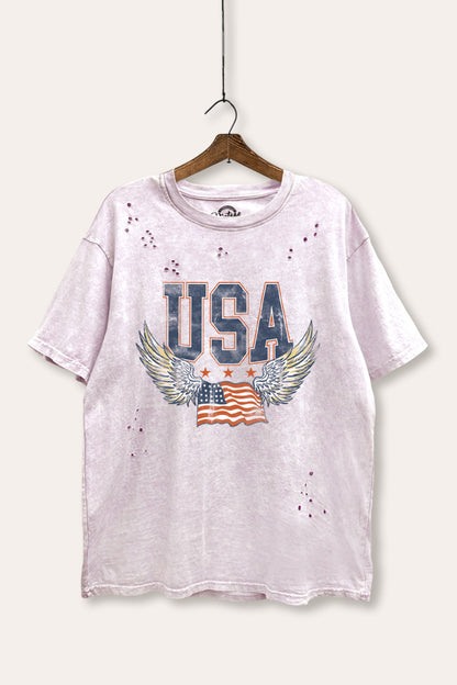USA Flag Wings Of Freedom Graphic Mineral Wash Distress Tee