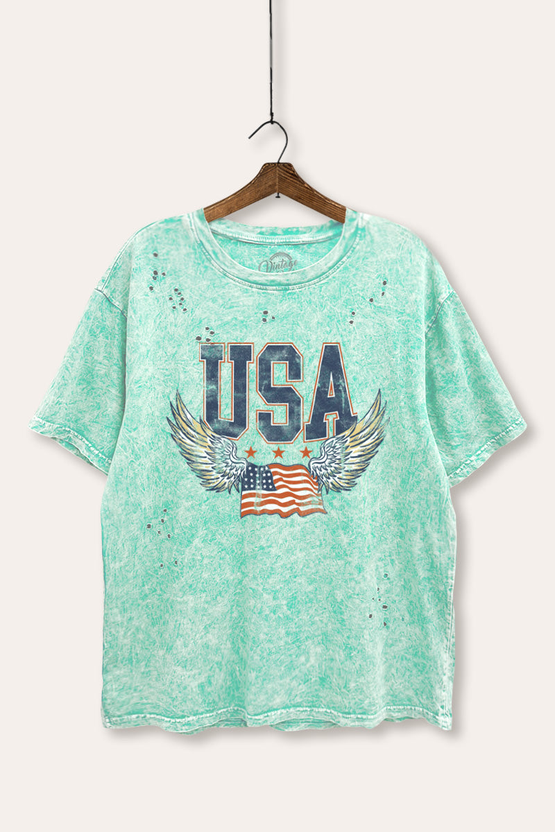 USA Flag Wings Of Freedom Graphic Mineral Wash Distress Tee