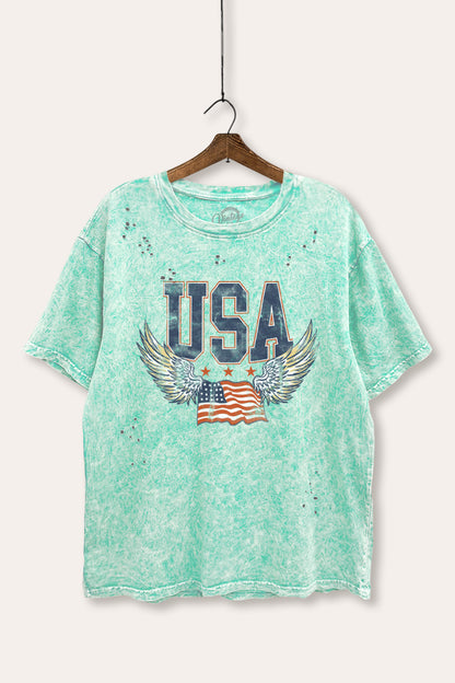 USA Flag Wings Of Freedom Graphic Mineral Wash Distress Tee