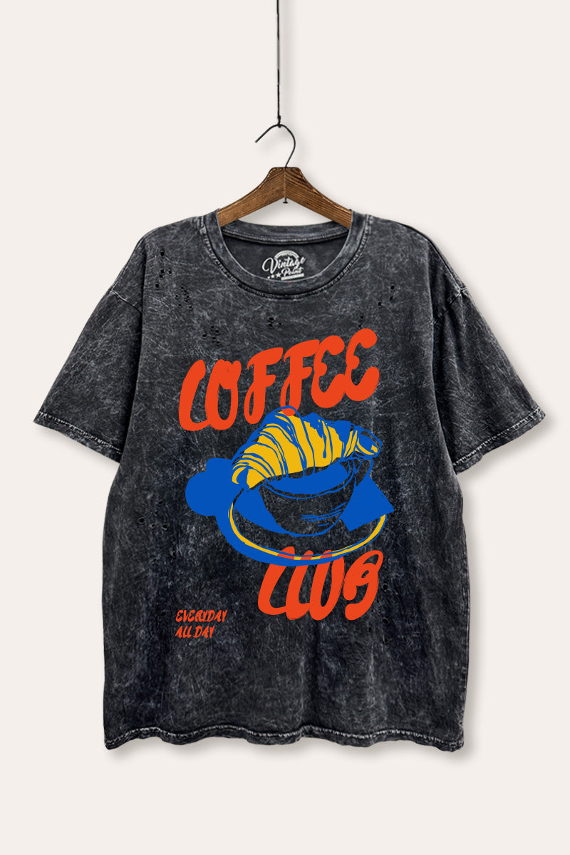 Coffee Club Croissant Graphic Mineral Wash Distress Tee