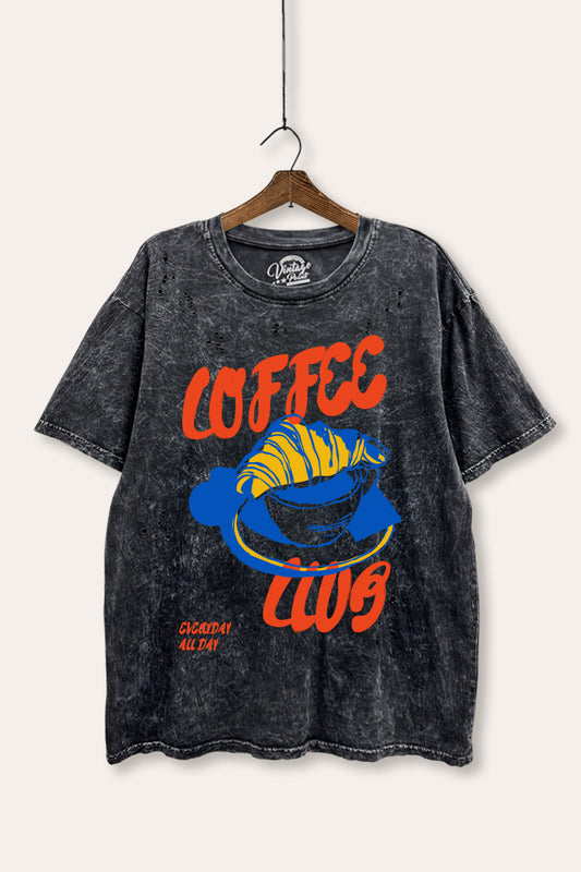 coffee club croissant graphic mineral wash laser distress tee
