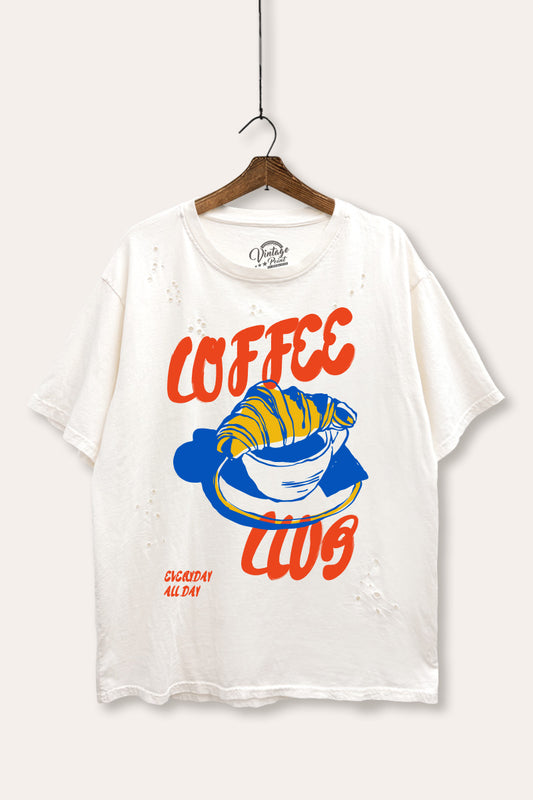 coffee club croissant graphic mineral wash laser distress tee