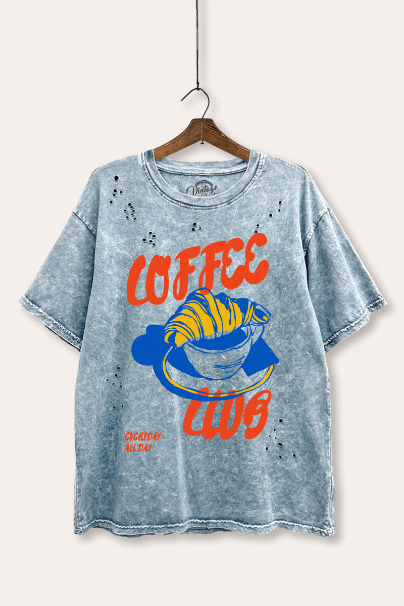 coffee club croissant graphic laser cut distress tee