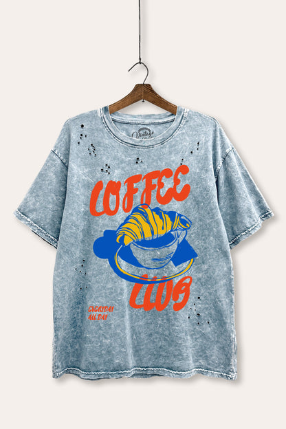 Coffee Club Croissant Graphic Mineral Wash Distress Tee