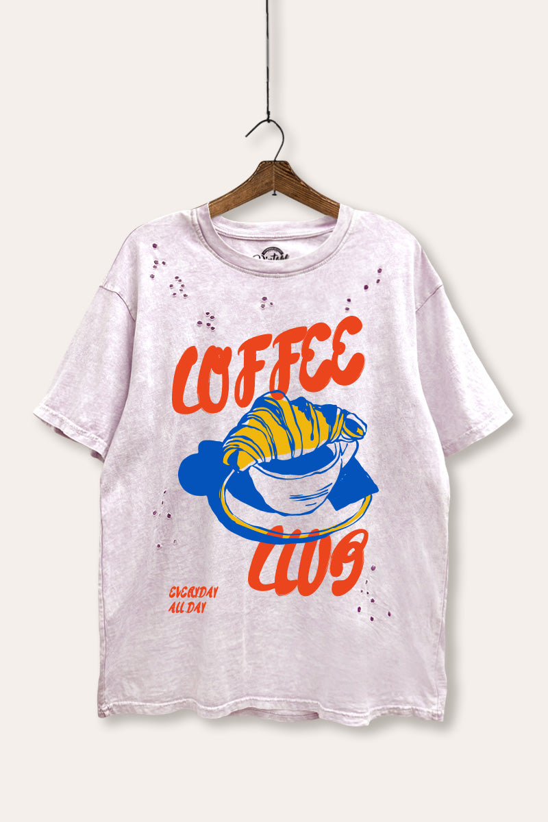 coffee club croissant graphic laser cut distress tee