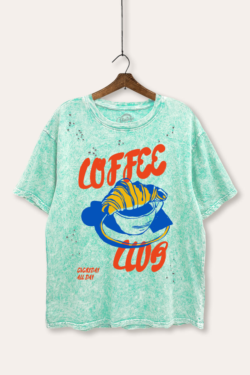 coffee club croissant graphic laser cut distress tee