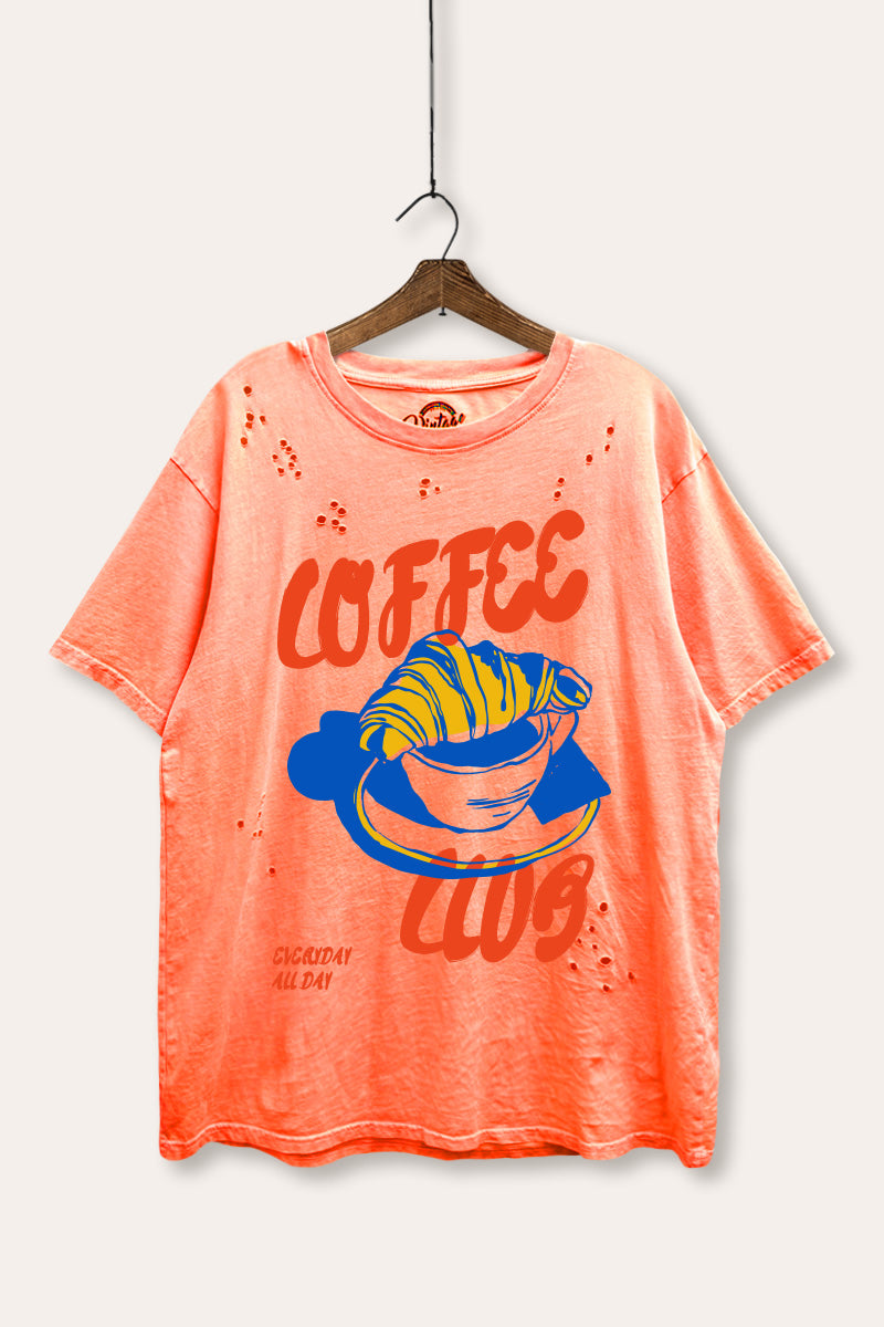 coffee club croissant graphic laser cut distress tee