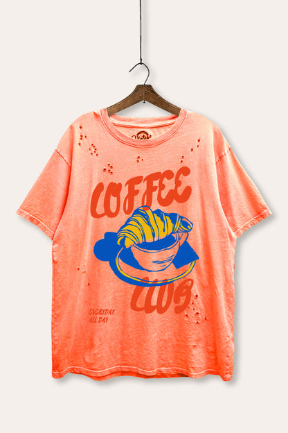 Coffee Club Croissant Graphic Mineral Wash Distress Tee