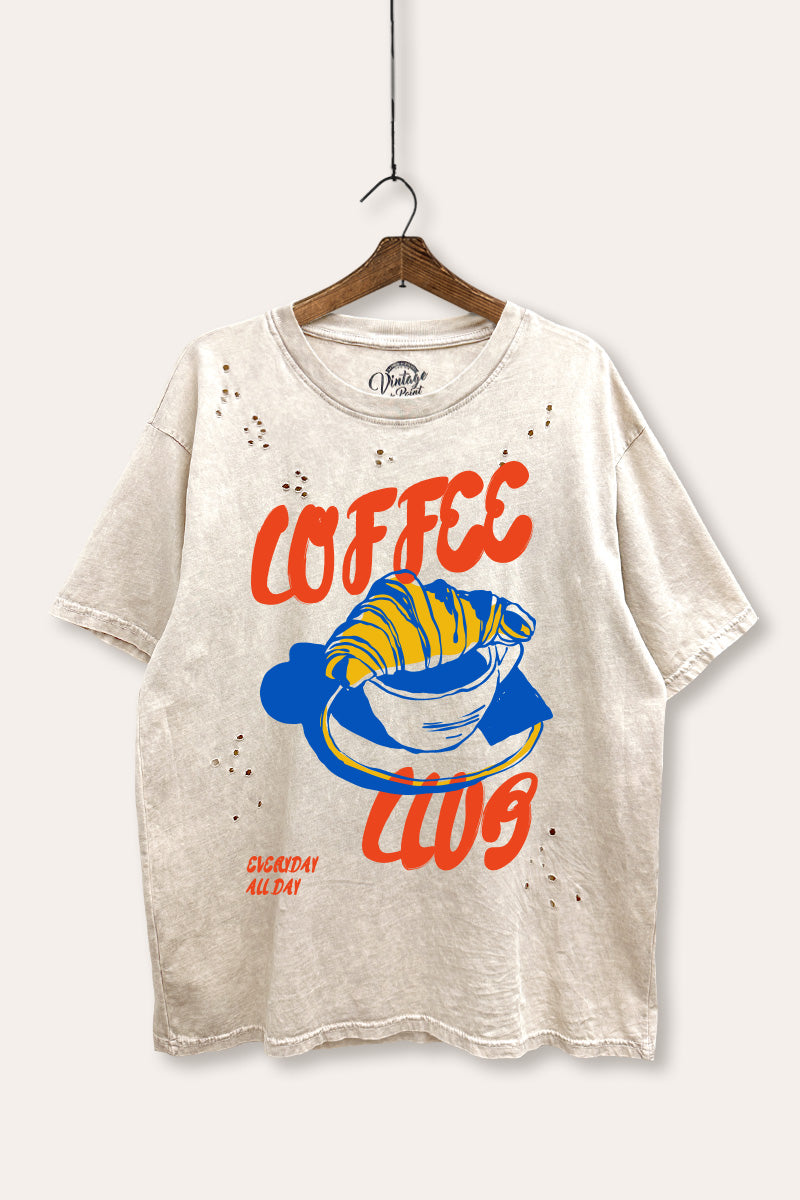 coffee club croissant graphic laser cut distress tee