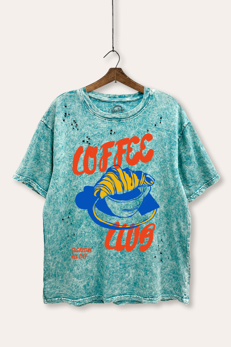coffee club croissant graphic laser cut distress tee