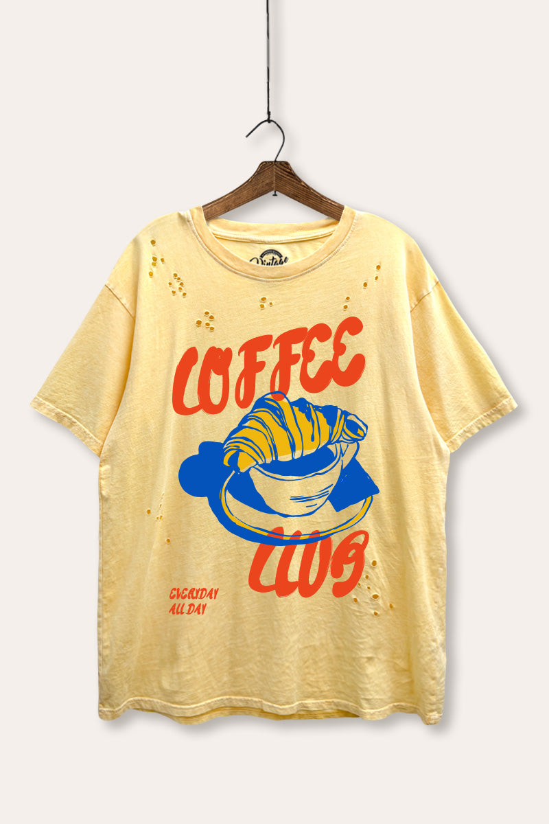coffee club croissant graphic laser cut distress tee