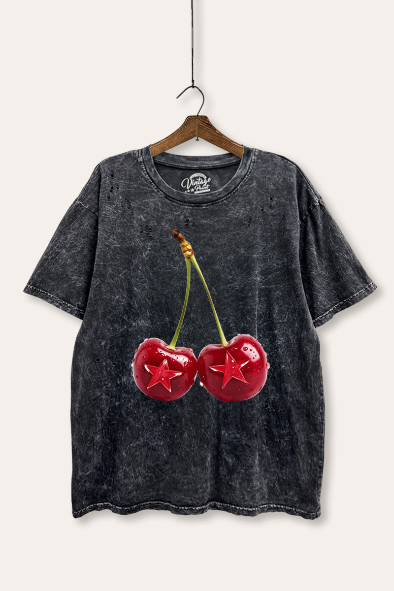 cherry star graphic laser cut distress tee