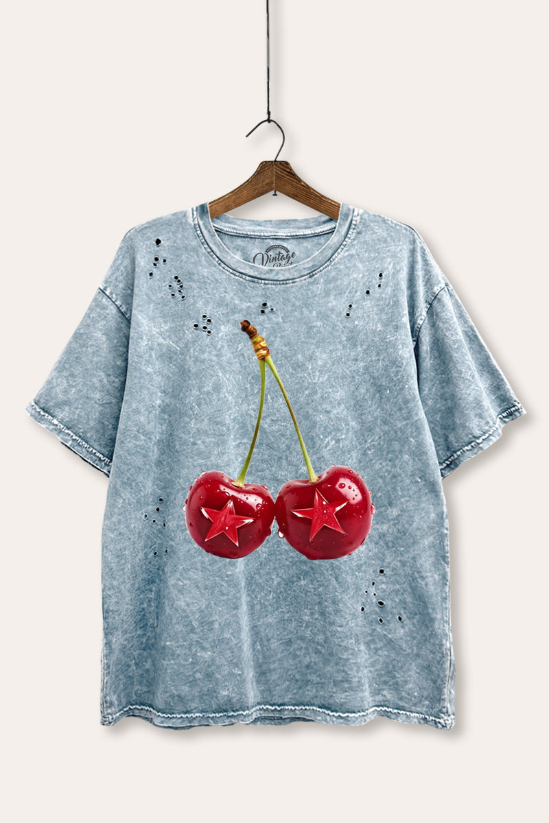 cherry star graphic laser cut distress tee