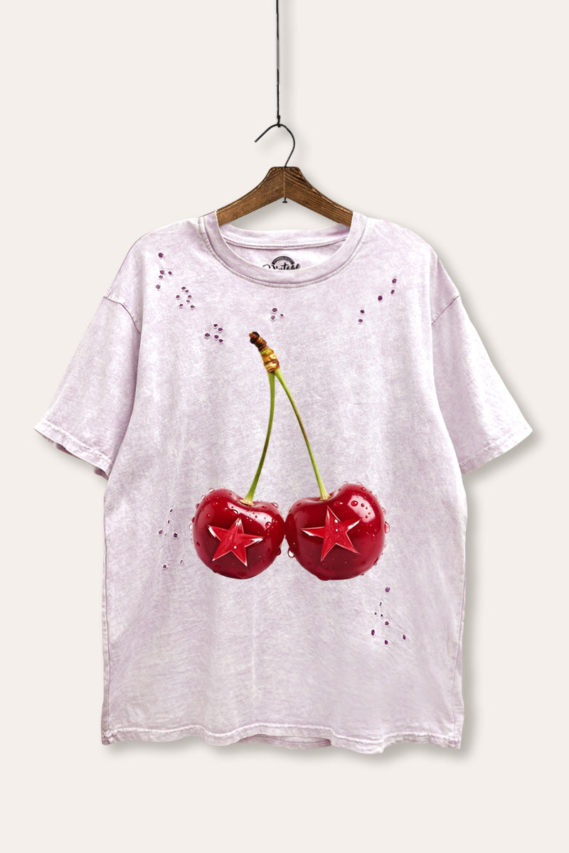 cherry star graphic laser cut distress tee