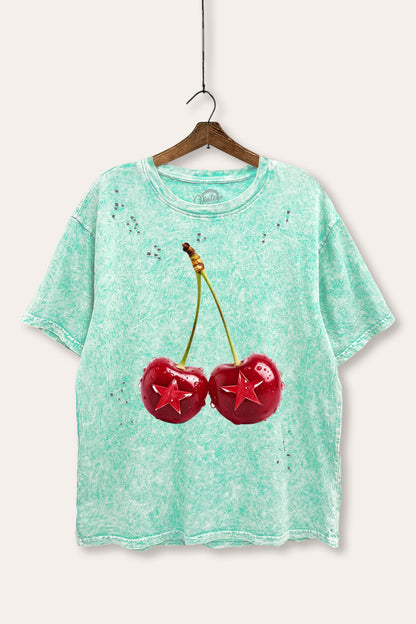 Cherry Star Fruit Graphic Mineral Wash Distress Tee