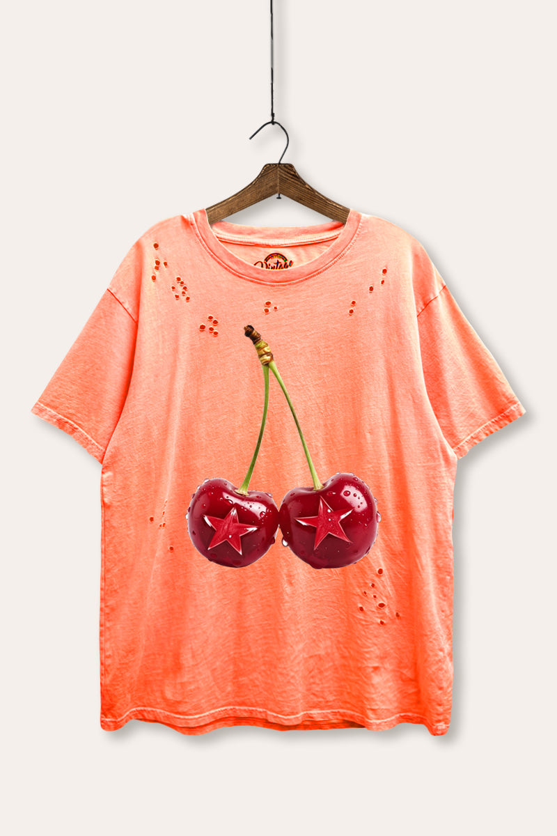 cherry star graphic laser cut distress tee