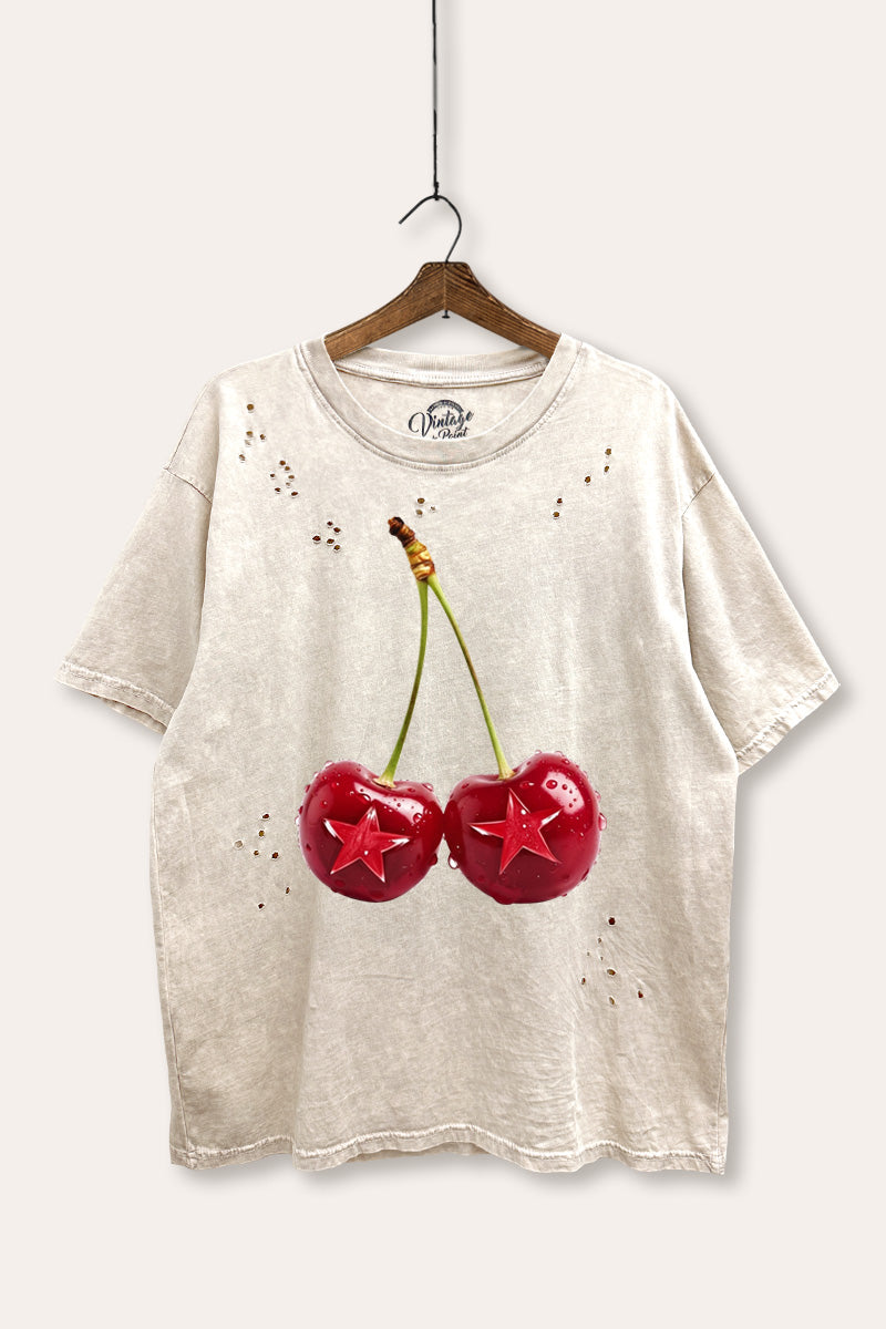cherry star graphic laser cut distress tee