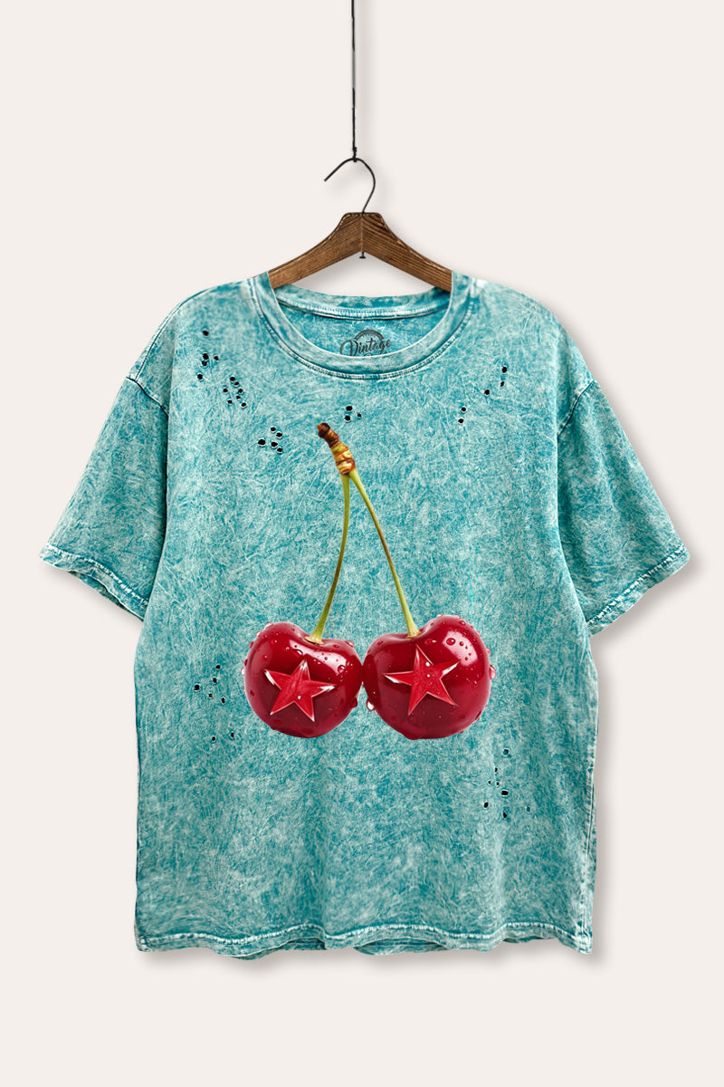cherry star graphic laser cut distress tee