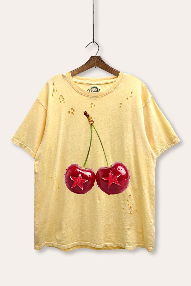 cherry star graphic laser cut distress tee