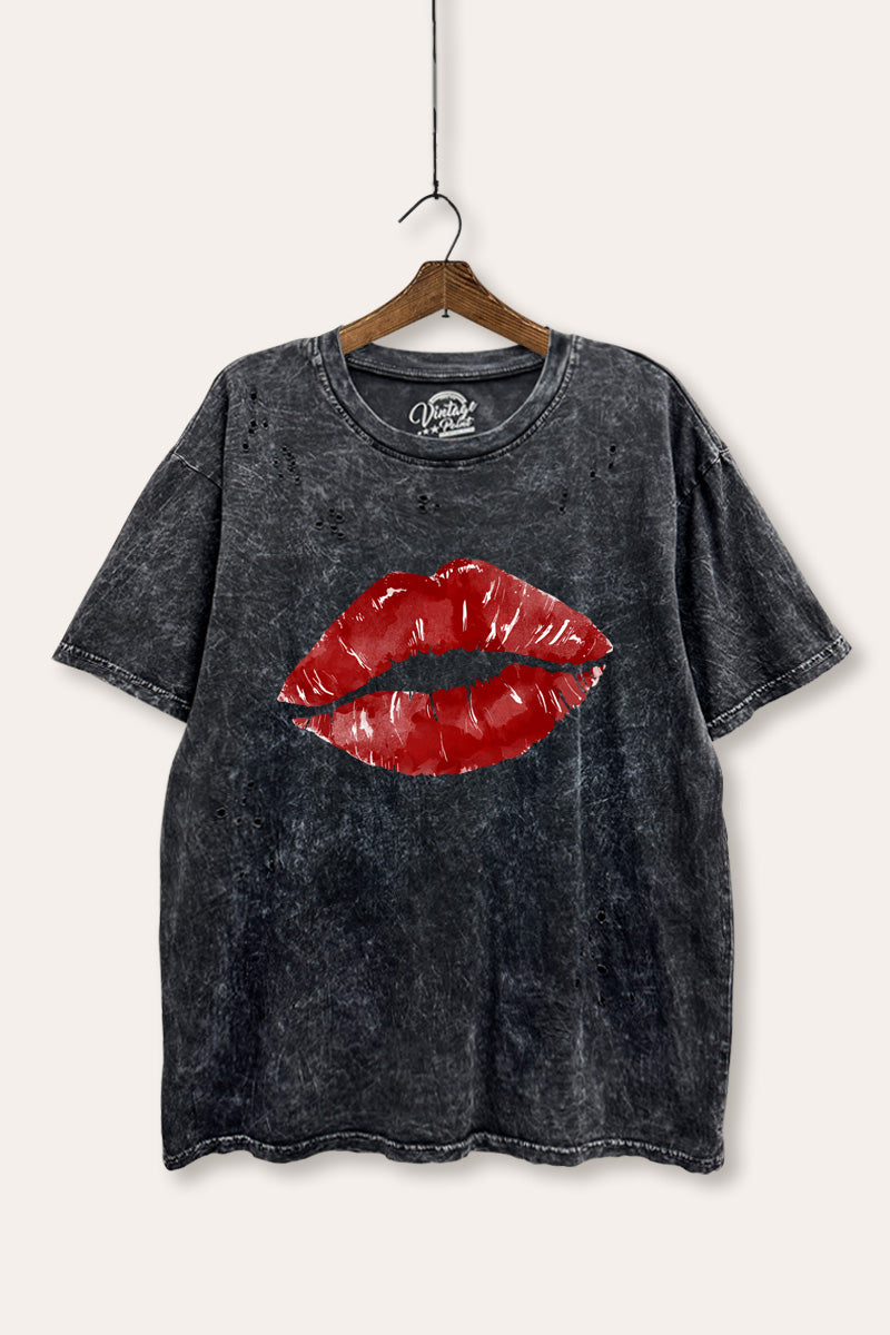 red kiss lips graphic laser cut distress tee
